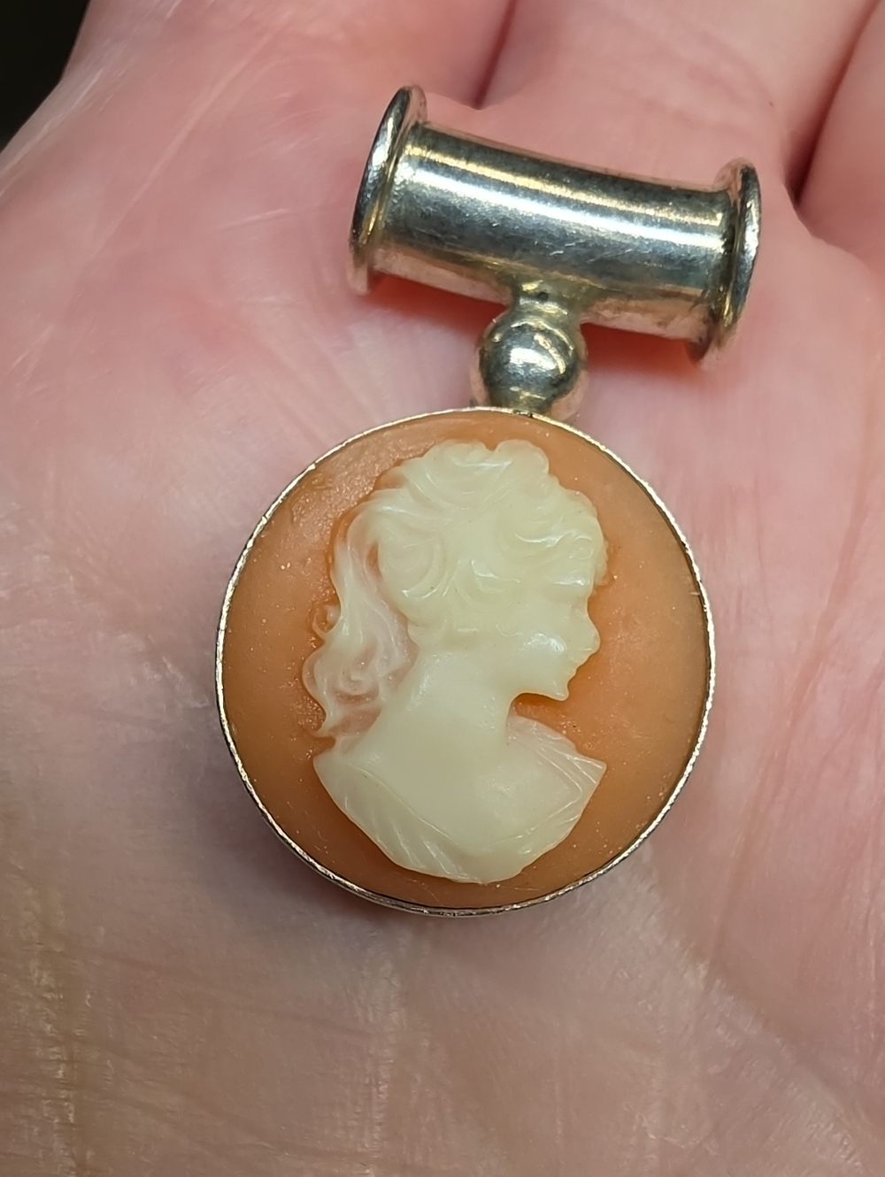 Vintage Hand-Carved Shell Cameo ▪︎ Set In 925 ▪ Slide-On Bale Setting